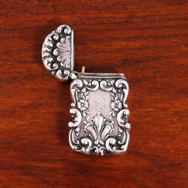American Rococo Sterling Silver Match Safe Shell & Scroll Floral Spray Mono Gdt