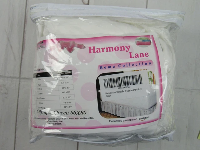 Falda de cama Harmony Lane Olympic Queen blanca con volantes 66x80 nueva