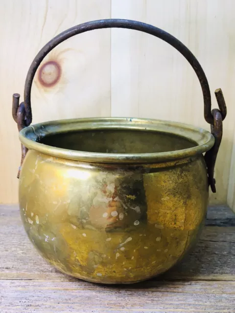 Very Old Hand Made Brass Kettle Pot w/Seam on Base  w/Iron Handle- Nice Patina