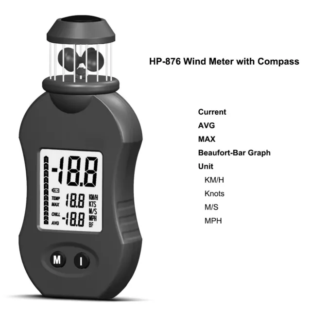 Cup-Anemometer LCD Air Flow Meter Digital Wind Speed Gauge with Compass 42m/s