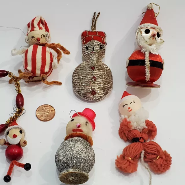 Vintage Putz Chenille Spun Silk Mica Japan Santa & Snowmen Ornaments Lot of 5