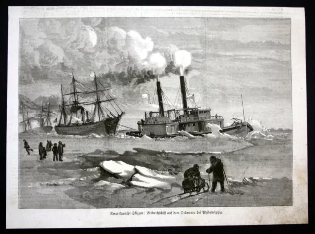 1877 Delaware river Philadelphia Schiff ship Eis ice Holzstich antique print