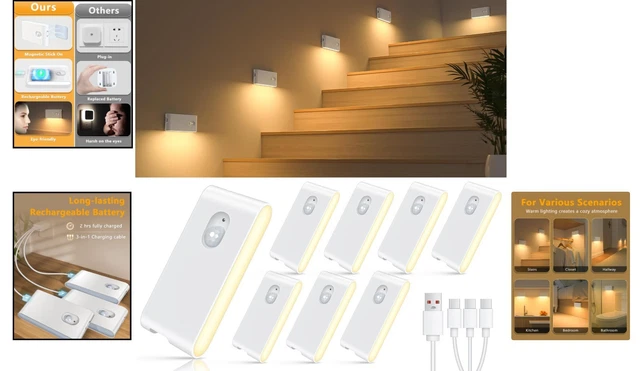 TOUCH-CONTROLLED MAGNETIC MOTION Sensor Lights Indoor - 8-Pack USB ...