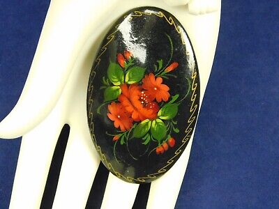 Vintage RUSSIAN Hand Painted Black Wood Lacquer Red Flower Oval Brooch Pin
