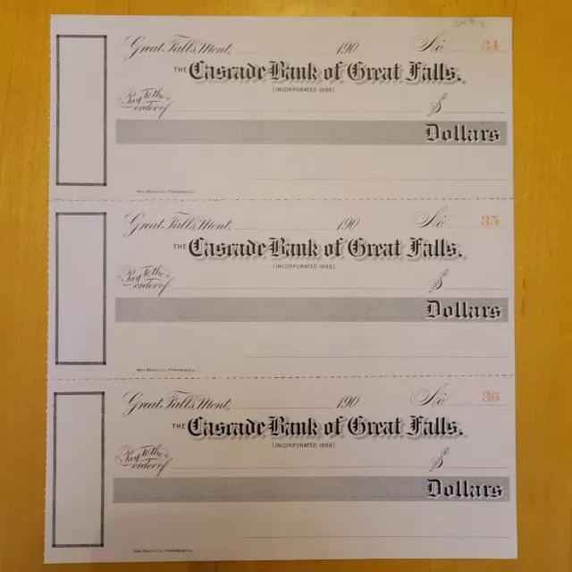 1900's Cascade Bank Of Great Falls Checks. Set of 3. Great Falls. Montana