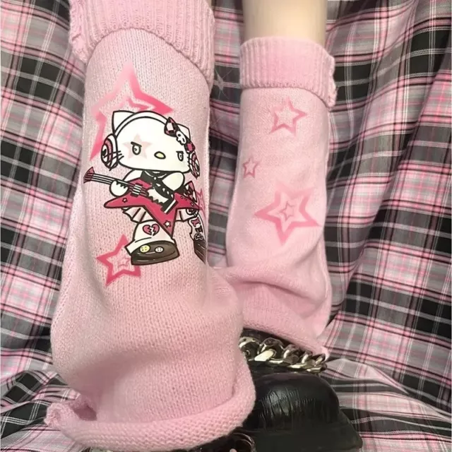 Kitty Pink Leg Warmers Hello Harajuku Lolita Y2K Boot Covers Cuffs Stars Kawaii