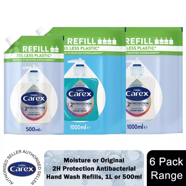 Cussons Carex 2-H Protection Antibacterial Hand Wash Refills 500ml or 1L, 6 Pack