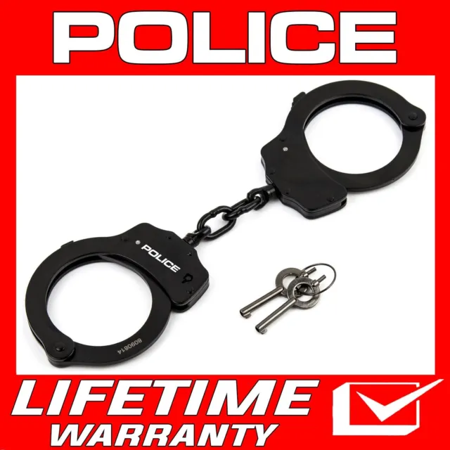 POLICE Professional Double Lock Black Steel Chain Handcuffs w/ Keys Real EDC