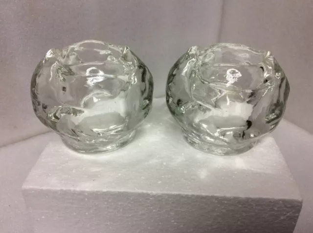 Set of 2 Vintage Kosta Boda Lead Crystal Snowball Votive Candle Holders 3" Clear