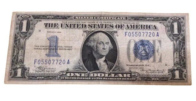 1934 one dollar $1 silver certificate Blue Seal Funny Back