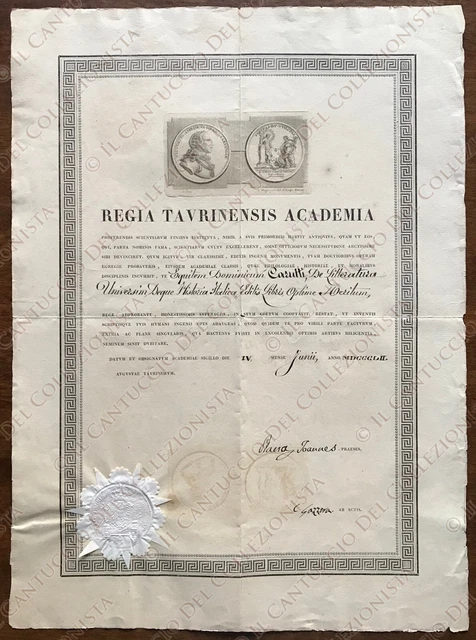 1852 Diploma DOMENICO CARUTTI Accademia Torino Autografo Costanzo GAZZERA
