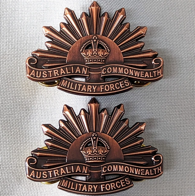 WW1 - WW2 Australian Army rising brown sun collar badges replica AIF ANZAC type