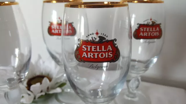 Stella Artois Stems (Set 4) Pasabahce 33CL (11-ish Ounces) Gold Rim Beer Goblet