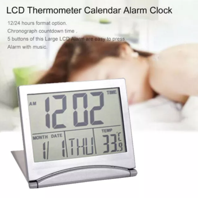 LCD Digital Silver Wall Clock Calendar Temperature and Alarm Sleek and Compact