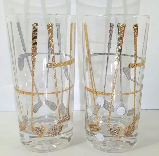 Georges Briard Gold Golf Clubs Set of 2 Tumblers Glasses USA Bar High Ball