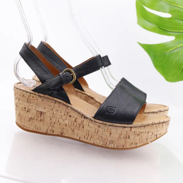 Born Womens Maldives Sandal Size 8 Cork Wedge Platform Black Leather Ankle Strap