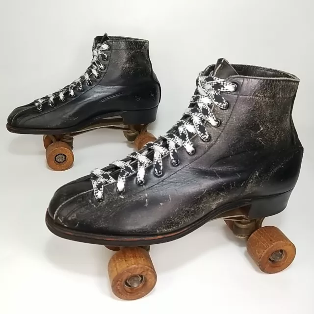 Vintage Hyde Black Leather Chicago Roller Skates Men's Sz M-9/W-10 Wooden Wheels