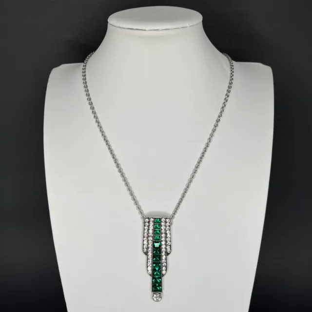Art Deco Revival Rhinestone Necklace Silver Tone Green Glass Pendant Lavalier