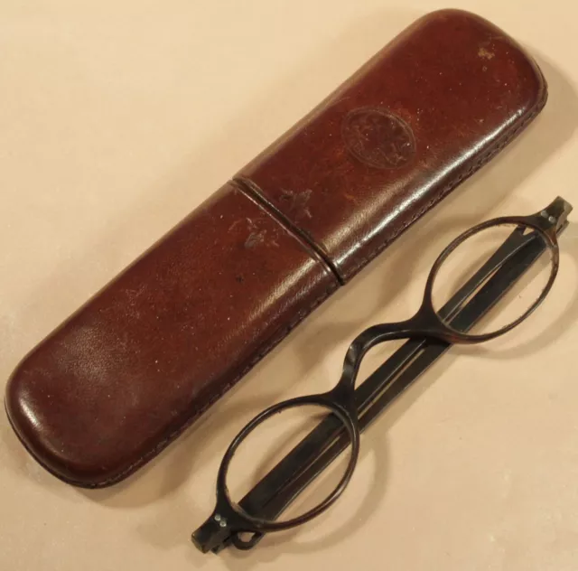 Antique Victorian Spectacles Faux Tortoise Shell Glasses & Leather Etui Case