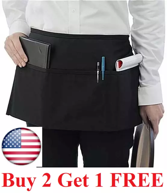 Half Bib Waist Apron Heavy Duty 3 Pocket Waitress Waiter Barista Workwear Unisex