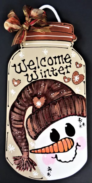 Welcome Winter SNOWMAN MASON JAR SIGN Wall Art Door Hanger Plaque Holiday Decor