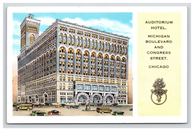 Postcard: IL Auditorium Hotel, Vintage Cars, Buses, Chicago, Illinois - Unposted