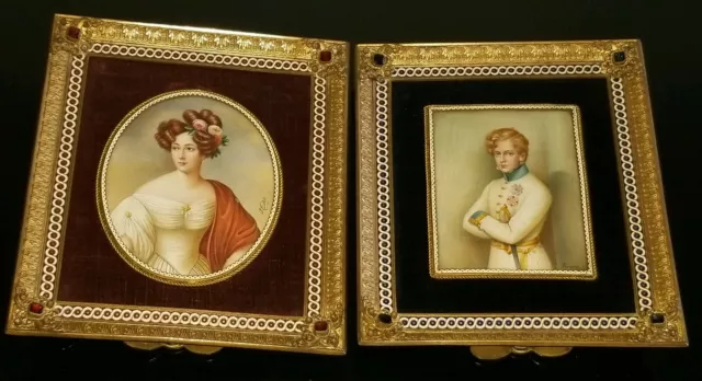 Pair 19C French Miniature Portrait Painting Signed W Gilt Bronze Jeweled Framed