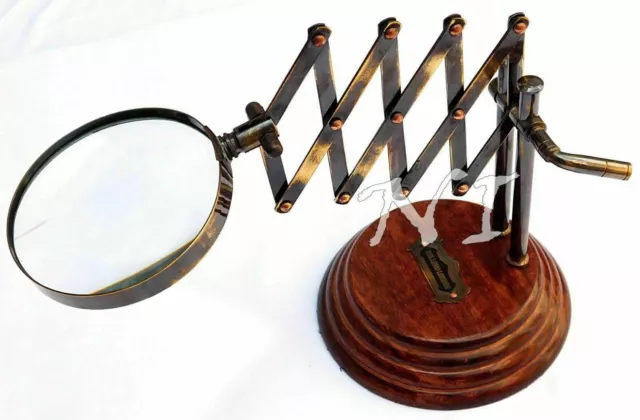 Old Desktop Channer Magnifier Brass Vintage Magnifying Glass on Wooden Stand