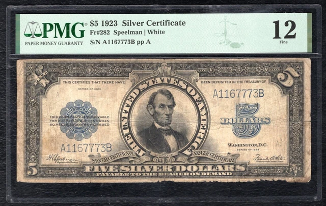 Fr. 282 1923 $5 Five Dollars “Porthole” Silver Certificate Note Pmg Fine-12