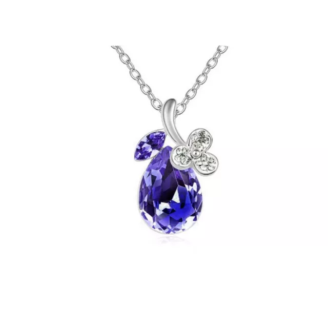 Women's Purple Diamante Crystal Stone Flower Petal Teardrop Pendant Necklace UK