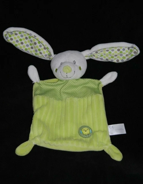 Doudou plat lapin vert NICOTOY SIMBA TOYS blanc pois rond oiseau brodé TTBE