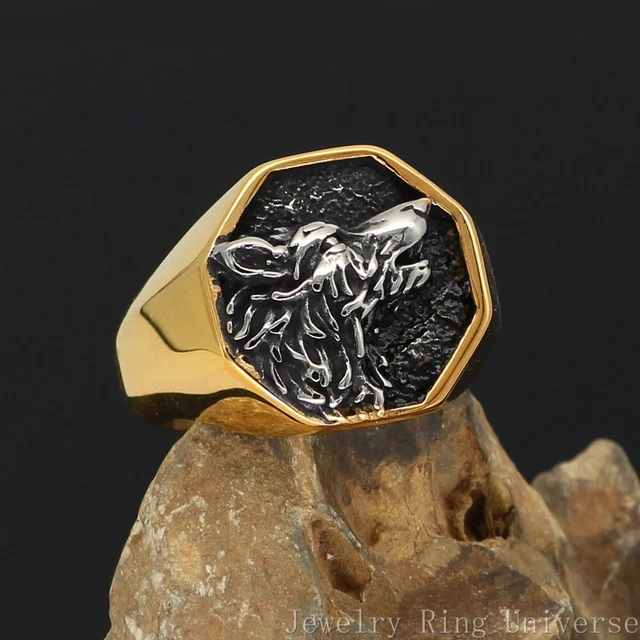 Men's Nordic Celtic Knot Viking Ring Gold Viking Wolf Stainless Steel Ring 9-13
