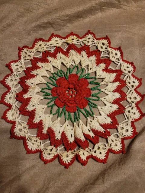 Vintage Rose Crochet Doily Pillow Cover Red White Green Leaf 10" Round Raised