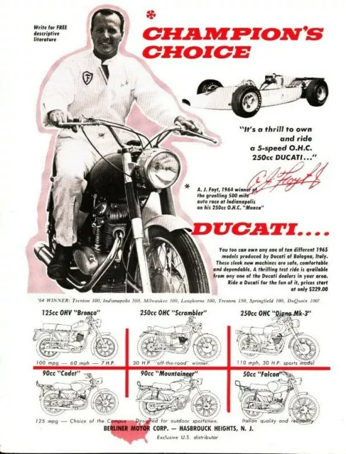 1965 A.J. Foyt Indy 500 Race Winner Rides Ducati Monza - Vintage Motorcycle Ad