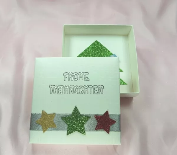 Geschenkschachtel Geldgeschenk Box Glitzer-Deko Sterne Tanne Weihnachten