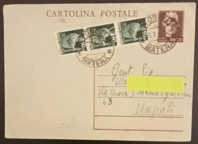 Cartolina postale italiana viaggiata 1947 dest. Napoli con francobolli (318)