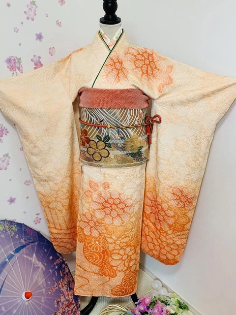 Furisode set total tie-dyed flower shaded long sleeves Japanese furisode belt