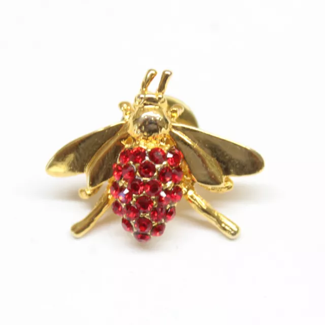 Golden Bee Red Rhinestones Pin Lapel Enamel Collectible