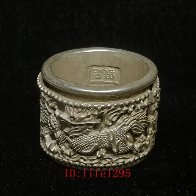 Old China Tibet Silver Carving double-deck Kylin statue Thumb Ring Collection
