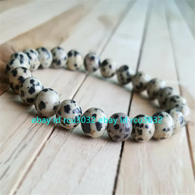 8mm Natural Spotted Stone Beads Handmade Bracelet 7.5 inch Buddhist Lucky Mala