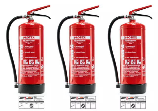 3X Gloria PDE 6 Protex 6kg ABC Pulver Feuerlöscher inkl. Wandhalter Prüfnachweis