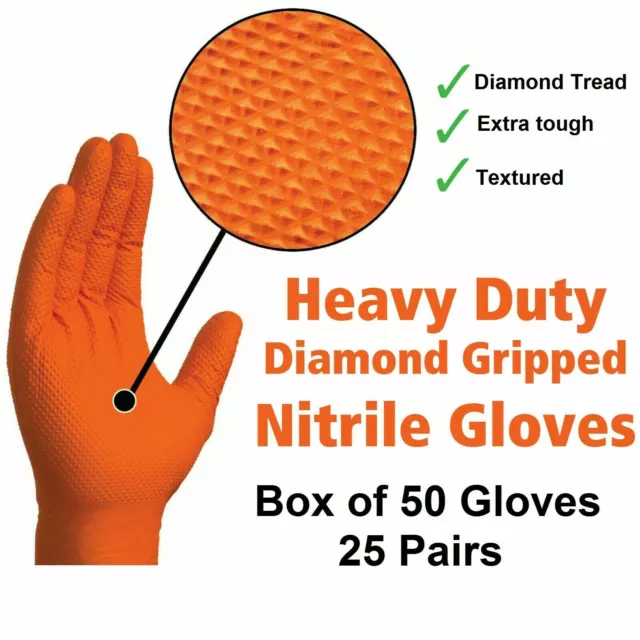 Orange Nitrile Gloves Heavy Duty Diamond Grip Disposable Latex Powder Free