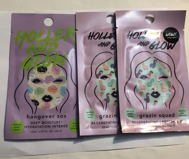 3 Holler And Glow Printed Sheet Masks Hangover SOS Deep Moisture & Grazin Squad