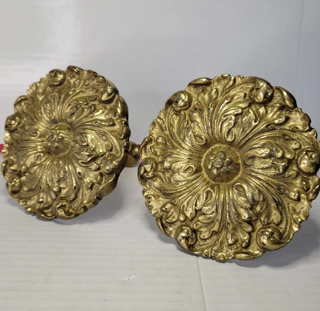 2 Vtg Heavy Solid Cast  Drapery Curtain Hold Tie Backs Floral Medallion Brass?