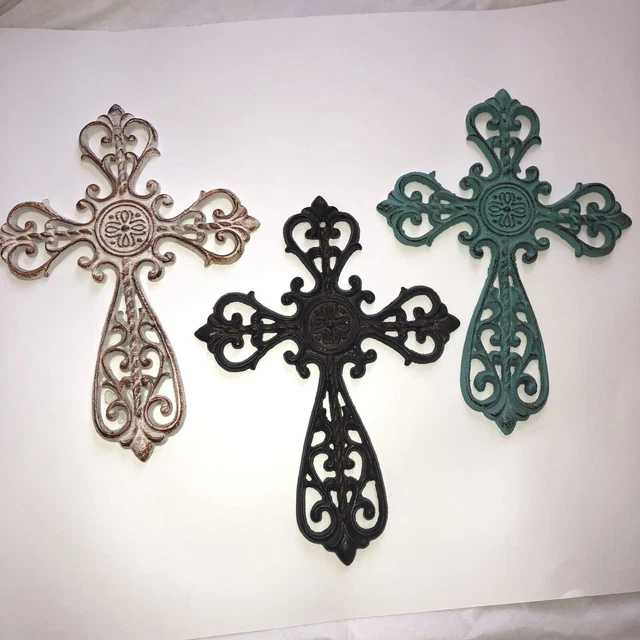 3 Rustic Country Western Religious Large Cast Iron CROSSES Distressed Scrolled