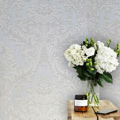 Embossed Wallpaper beige gray silver metallic heavy Textured Victorian damask 3D