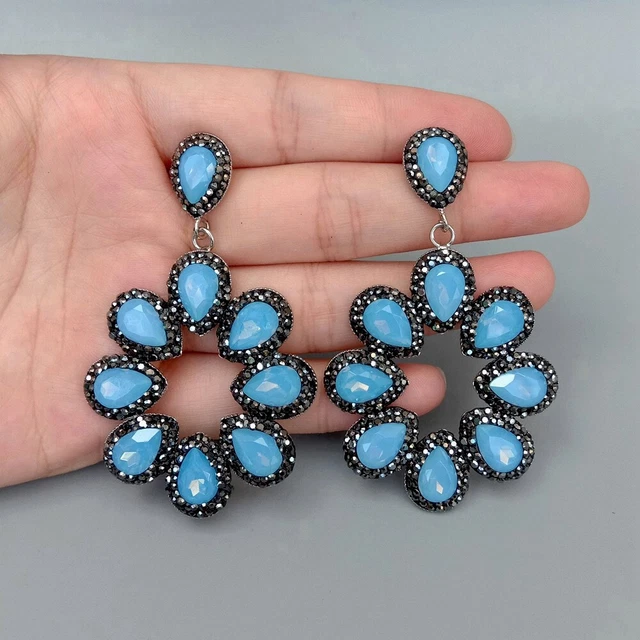 Y·YING Black Rhinstone Pave Blue Crystal Danlge Earrings Fashion Jewelry