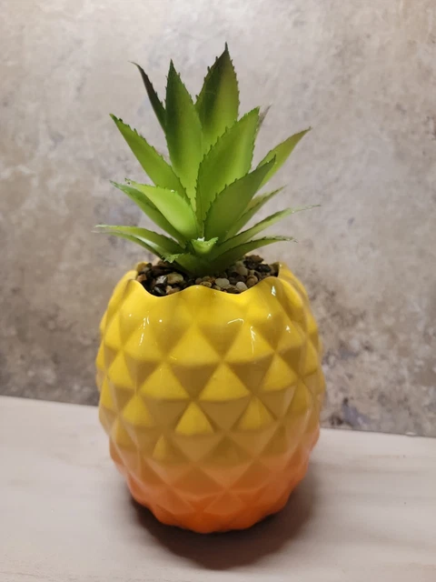 Garden Party Ceramic Pineapple w/ Faux Succulent Plant Decor 9" Yellow/Orange