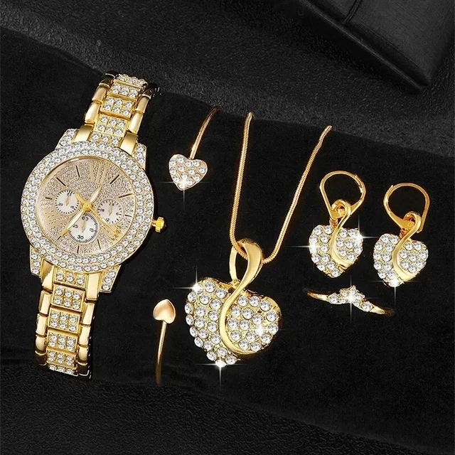Ensemble Montre Luxe Femme - 6 Pièces Dorées élégantes Avec Bracelet Métal - Parure Complète