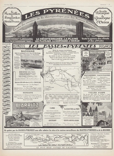 Publicite  Les Basses Pyrenees Bayonne Biarritz Pau Salies De Bearn  Ad  1926